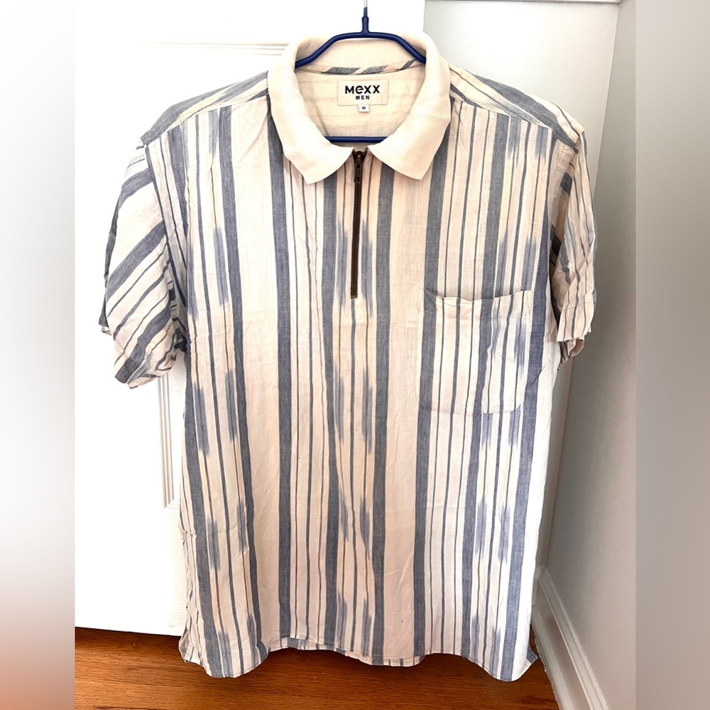 Vintage Mexx linen Stripes Polo Shirt blue grey and ivory Pull on harf zip men M